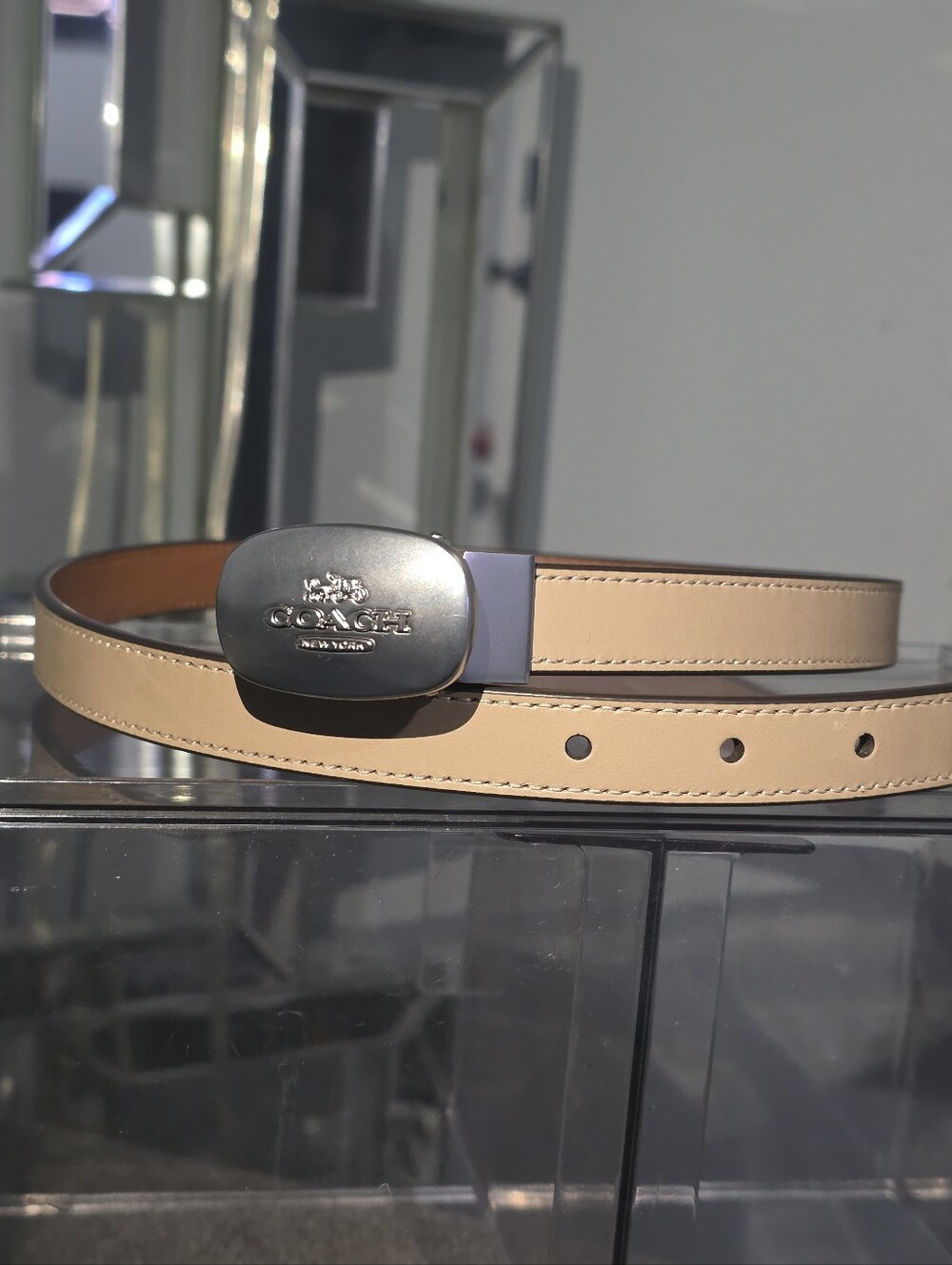Coach Eliza Reversible Leather Belt Plaque Buckle Beige Brown 25mm NWOT